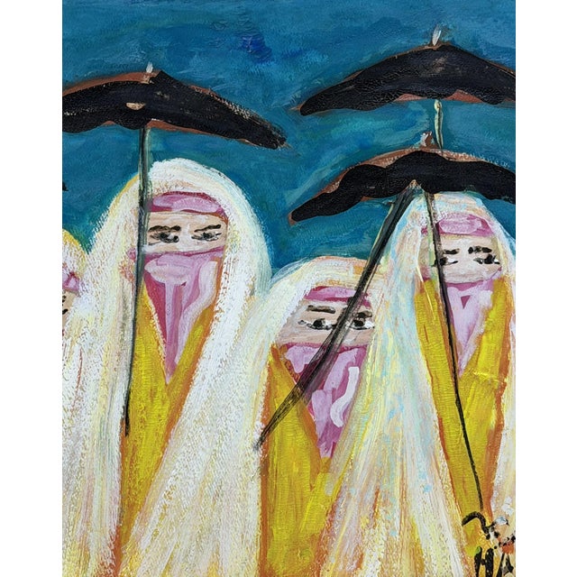 Yellow 1970s Mohamed Hamri Moroccan Modernist Painting, Five Veiled Women, Signed For Sale - Image 8 of 18