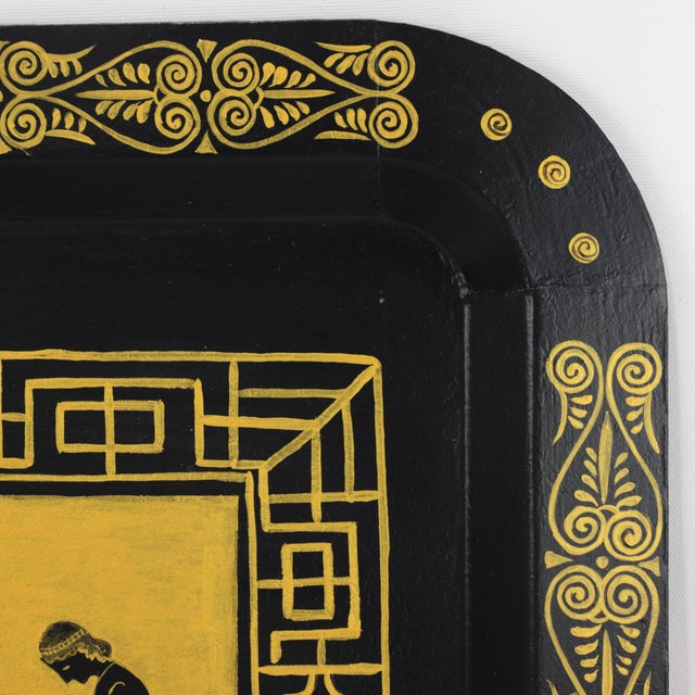 Vintage Hand Painted Egyptian Revival Tole Tray Black and Gold Pharaoh Motif Rectangular Serving Tray For Sale - Image 9 of 12
