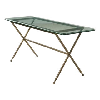 Vintage Hollywood Regency Faux Bamboo Console Brass Metal Table With Glass Top and X Base For Sale