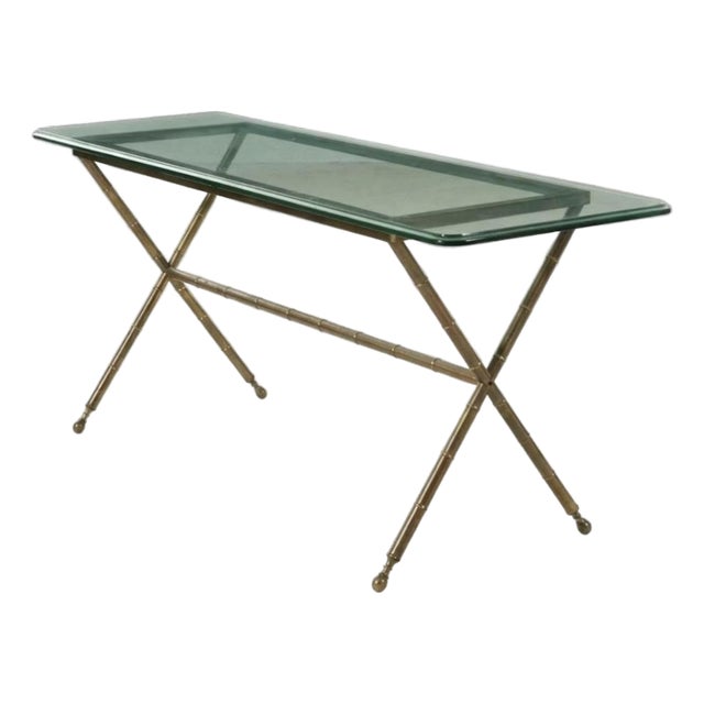 Vintage Hollywood Regency Faux Bamboo Console Brass Metal Table With Glass Top and X Base For Sale