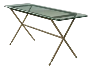 Vintage Hollywood Regency Faux Bamboo Console Brass Metal Table With Glass Top and X Base