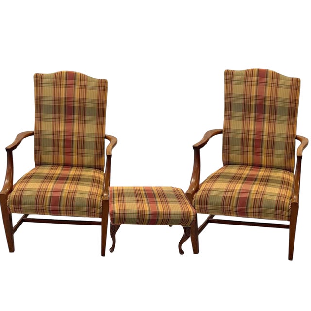 Traditional Discover a Stunning Rare Vintage Pair of High-Back Armchairs & Ottoman by Ethan Allen For Sale - Image 3 of 12