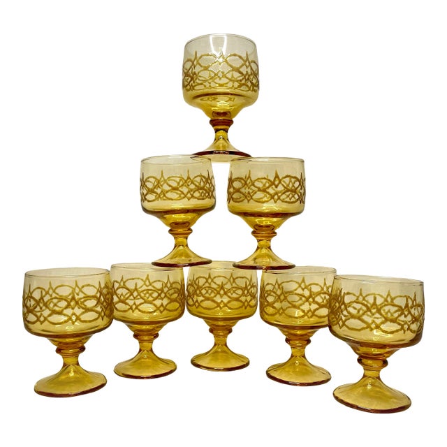 Mid Century Modern Amber Gold Glass Goblets, Set of 8 For Sale
