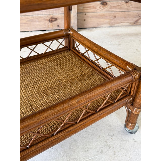 Brown Vintage Refinished Coastal Rattan Two-Tier Bar Cart With Bottle Holders on Casters For Sale - Image 8 of 12