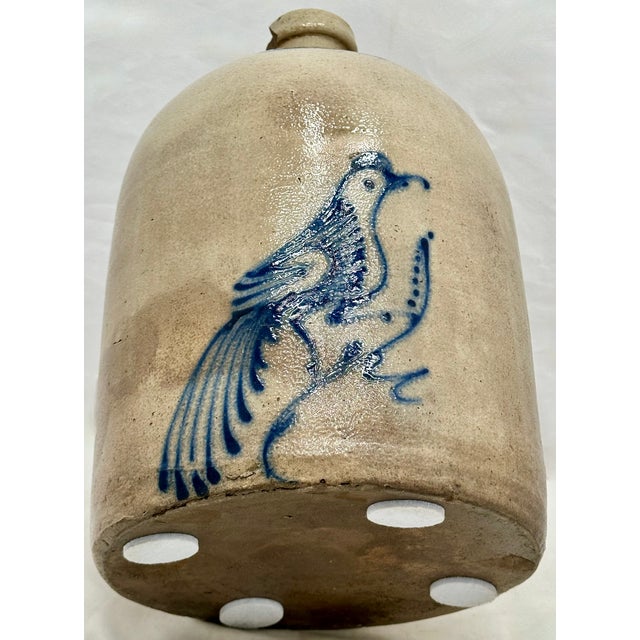 Blue Excellent Large 3 Gallon Size Antique 1870s American Blue Bird Decorated Stoneware Jug by Whites in Utica New York For Sale - Image 8 of 18