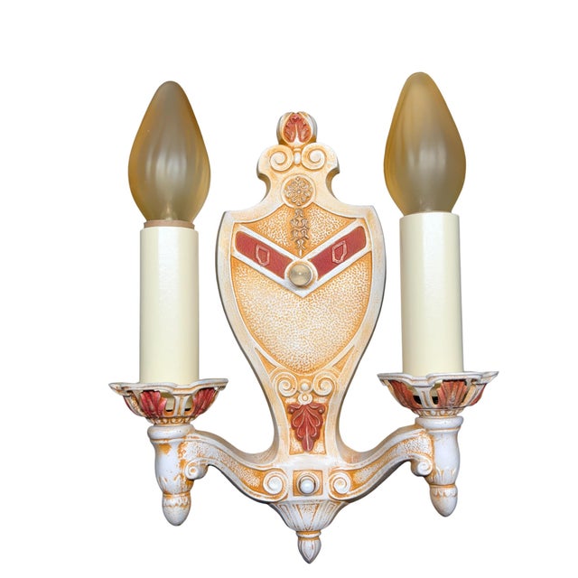 Metal 1920s Wall Sconces Ivory Cream White and Red With Gold Colored Highlights Two Light Candle Sconces Restored - Set of 4 For Sale - Image 7 of 13