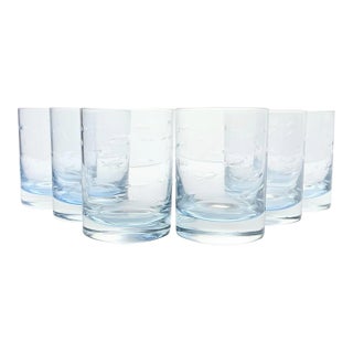 Crate & Barrel “Reef, Blue” 6 Double Old Fashioned Tumbler Glasses For Sale