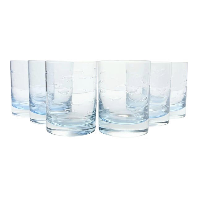 Crate & Barrel “Reef, Blue” 6 Double Old Fashioned Tumbler Glasses For Sale