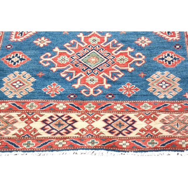 Blue Bohemian Kazak Mervin Ivory/Red Wool Runner Rug - 4'0''x16'2'' For Sale - Image 8 of 10