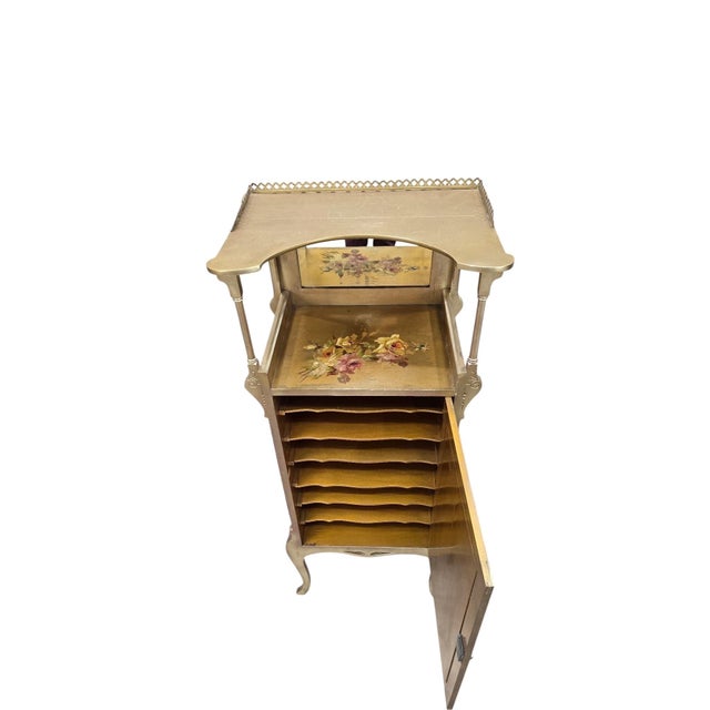 Brass Antique Victorian Hand-Painted Music Cabinet With Brass Gallery and Mirror For Sale - Image 8 of 12