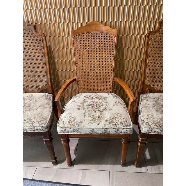 French Mid 20th Century French Regency Louis XVI Cane Back, Carved Walnut Upholstered Dining Chairs, Set of 5 For Sale - Image 3 of 12