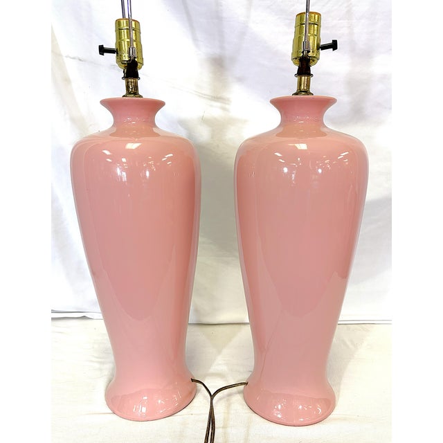 Mid 20th Century Vintage Mid Century Barbiecore Pink Ceramic Lamps- A Pair For Sale - Image 5 of 14