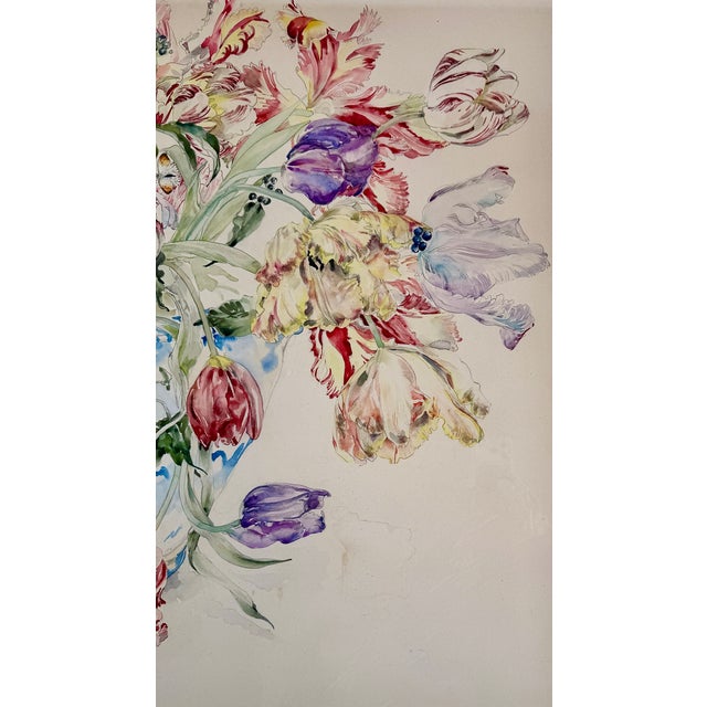 1980s Large Floral Still Life Watercolor Painting With Butterflies, 1989, Modern Frame For Sale - Image 5 of 18