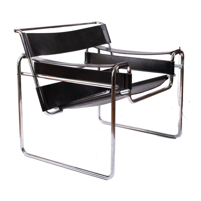 Vintage Marcel Breuer Mid Century Modern Wassily Black Strap Leather Chair | Chairish
