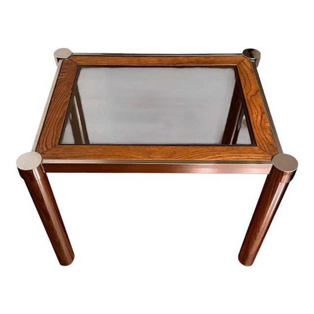Manner of Milo Baughman 1970s Modernist Chrome, Wood & Smoked Glass Side Table. For Sale