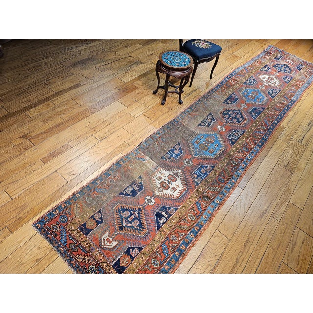 Vintage Persian Heriz Serapi Runner, Hand-Knotted Wool, Geometric Pattern, Terracotta & Navy, 3x16 For Sale - Image 4 of 15