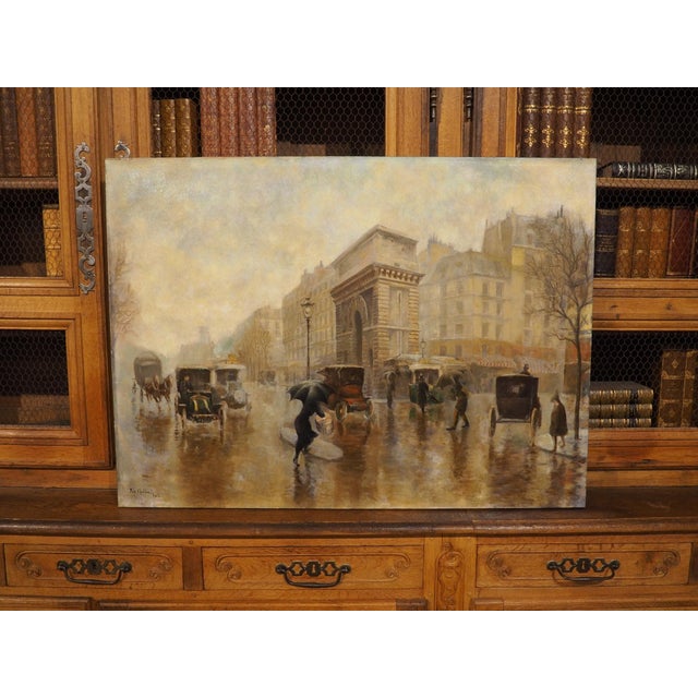 Textile Antique Parisian Street Scene Oil on Canvas Painting of Porte Saint-Martin, 1913 For Sale - Image 7 of 16