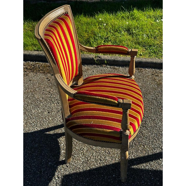 Louis XVI Cabriolet Armchair in Patinated Wood and Striped Velvet For Sale - Image 4 of 15