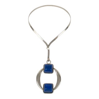 Mid Century Space Age Collar Pendant Necklace Stainless Steel and Blue Resin For Sale