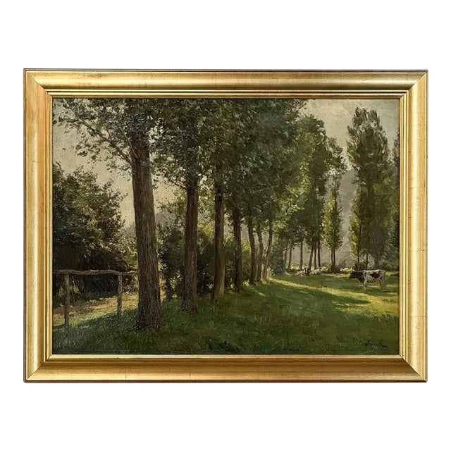 Antique Belgian Oil on Canvas Painting “Cows Grazing” by Xavier Wurth (1869-1933) For Sale