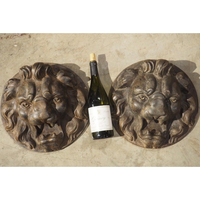 Pair of Heavy French Cast Iron Lion Building Ornaments, Circa 1900 For Sale - Image 14 of 18