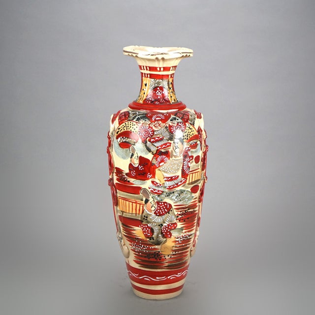 Antique Japanese Satsuma Pottery Vase with Figures, Circa 1920 For Sale - Image 4 of 7