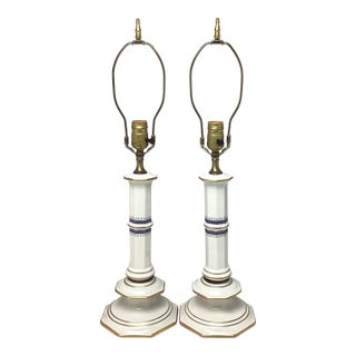 1950s Candle Stick Federal Style Blue Gold Star Porcelain Lamps - a Pair For Sale