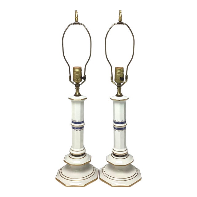 1950s Candle Stick Federal Style Blue Gold Star Porcelain Lamps - a Pair For Sale