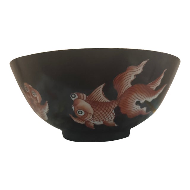 Vintage Chinoiserie Black Porcelain Bowl With Hand-Painted Koi Fish For Sale