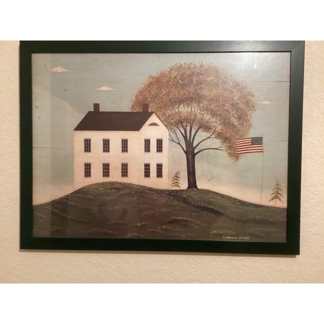 Patriotic print in green wood frame. Fun piece for any walk-in your home.