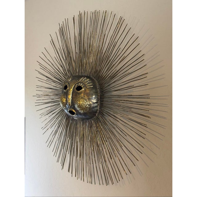 Mid-Century Modern Emaus Talleres Mexico Benedictine Monks Hand Crafted Mid-Century Brass Sun Face Sculpture 31” For Sale - Image 3 of 12