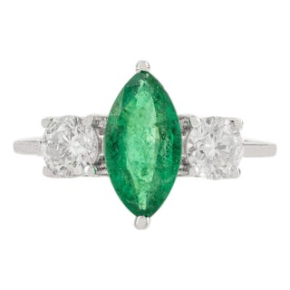 Natural Marquise Emerald & Diamond Three-Stone Engagement Ring Size 6 in 18k Gold For Sale