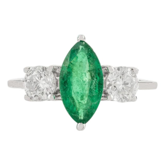 Natural Marquise Emerald & Diamond Three-Stone Engagement Ring Size 6 in 18k Gold For Sale