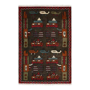 Rug & Kilim’s Modern Tribal Rug in Brown With Helicopters and Tank Pictorials