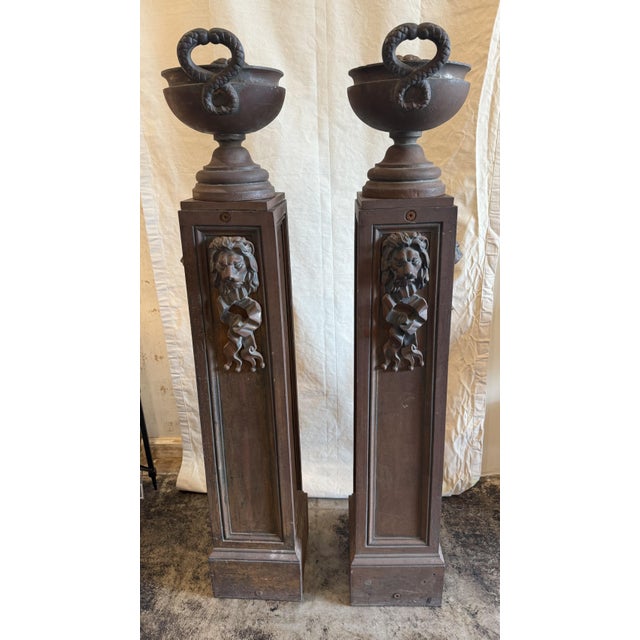 Mid 19th Century Pair of Cast Iron Pedestals With Urns and Lion Detail For Sale - Image 11 of 12