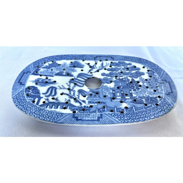 Ceramic Antique English Blue Willow Pierced Ceramic Fish Platter Drainer, 8" For Sale - Image 7 of 8