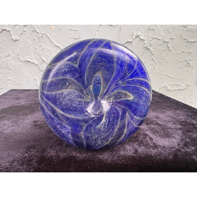 Glass Vintage Bohemian Cobalt Blue Pulled Feathered Handblown Art Glass Vase 9.75” For Sale - Image 7 of 7