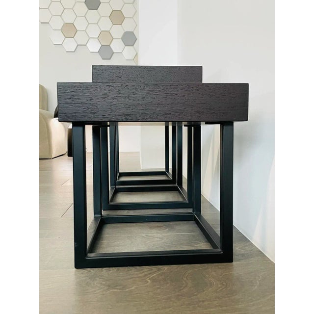 Brown 3 Iron & Oak Side Tables, Made in the Usa by Cain Studio For Sale - Image 8 of 13