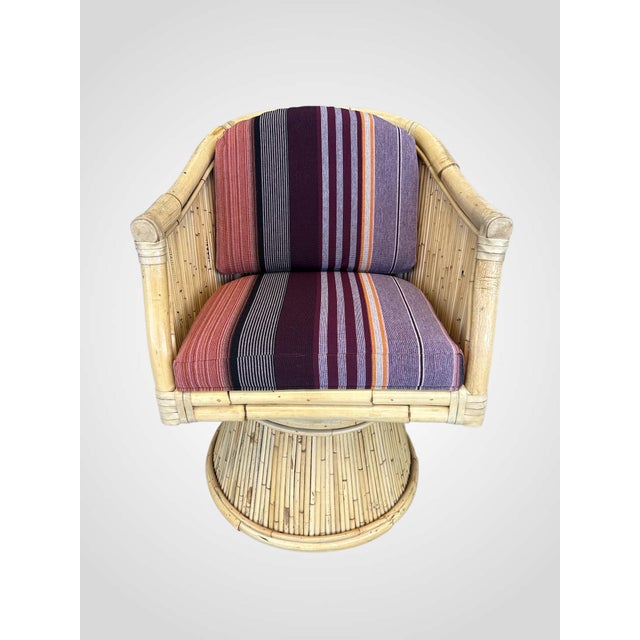 McGuire Rare Set of 4 McGuire Bamboo Rocking Swivel Lounge Chairs in Knoll “Stripe It” With Matching Table, Circa 1980s For Sale - Image 4 of 13