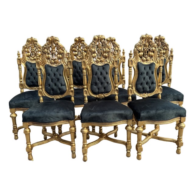 c.1900 Italian Rococo Gold Beech Velvet Dining Chairs - Set of 8 Pc For Sale