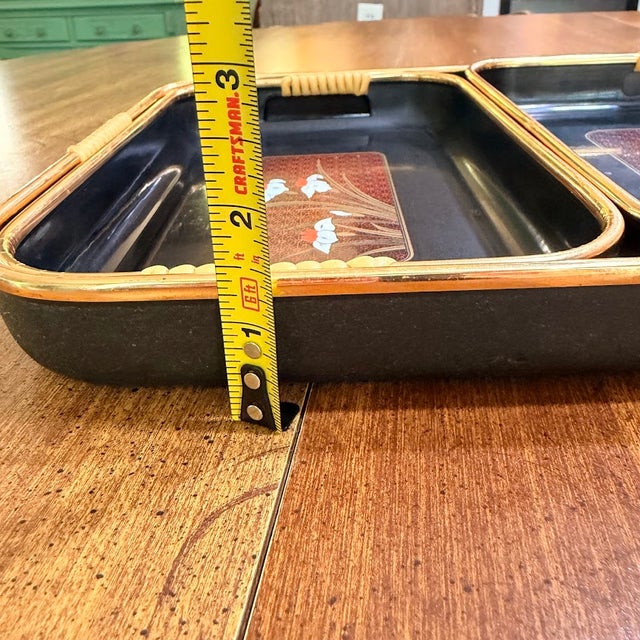 VTG Japanese Lacquer Nesting Trays Set 3 Black Gold Floral Bamboo Acrylic MCM 70 For Sale - Image 9 of 18