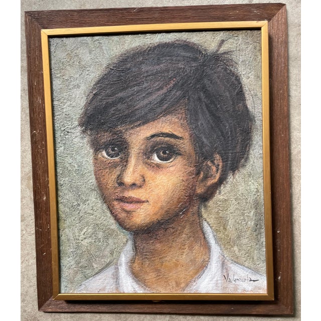 1970s Portrait Oil Painting of a Boy by Valenzuel, Framed For Sale - Image 4 of 4