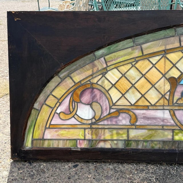 Art Nouveau Antique Art Nouveau Colored Stained Glass Fruit 27 X 75 Arched Transom Window, A For Sale - Image 3 of 18