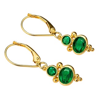 Mid 20th Century 14k Yellow Gold Emerald Drop Designer Earrings, Pair For Sale