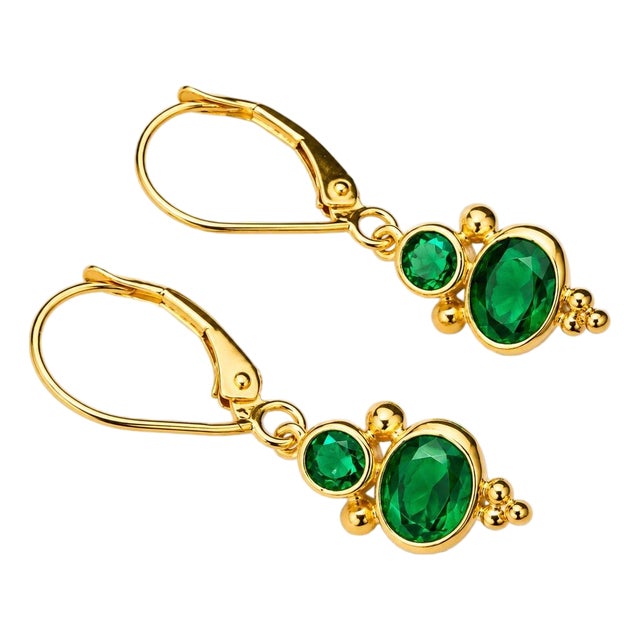 Mid 20th Century 14k Yellow Gold Emerald Drop Designer Earrings, Pair For Sale
