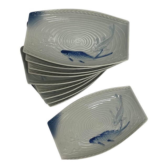 Vintage Gump Japanese Arita Porcelain Set of 10 Koi Image Sushi/Appetizer Plates For Sale
