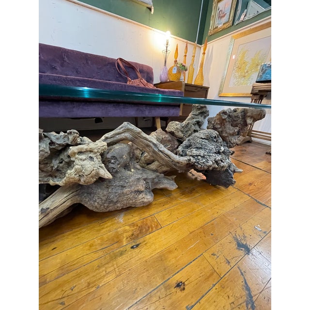 Mid 20th Century Vintage Driftwood Sculptural Glass Top Coffee Table For Sale - Image 5 of 6