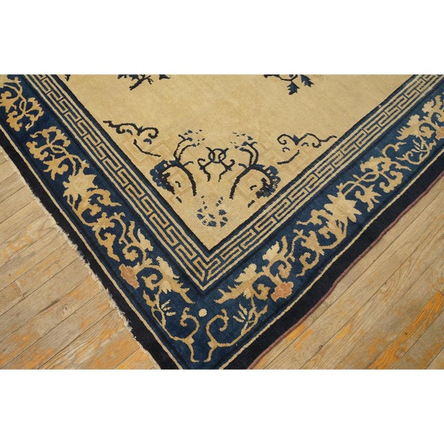 1920s Beige Medallion Greek Key Antique Chinese Peking Knotted Rug 6'2" X 8'8" For Sale - Image 4 of 8