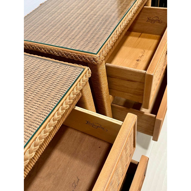 Taupe Pair of Henry Link for Lexington Woven Rattan Nightstands With Glass Tops – British Colonial / Palm Beach Style For Sale - Image 8 of 10