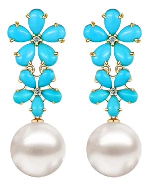 Nina Zhou Turquoise Diamond Double Blossom Pearl Convertible Drop Earrings in 14k Yellow Gold - a Pair